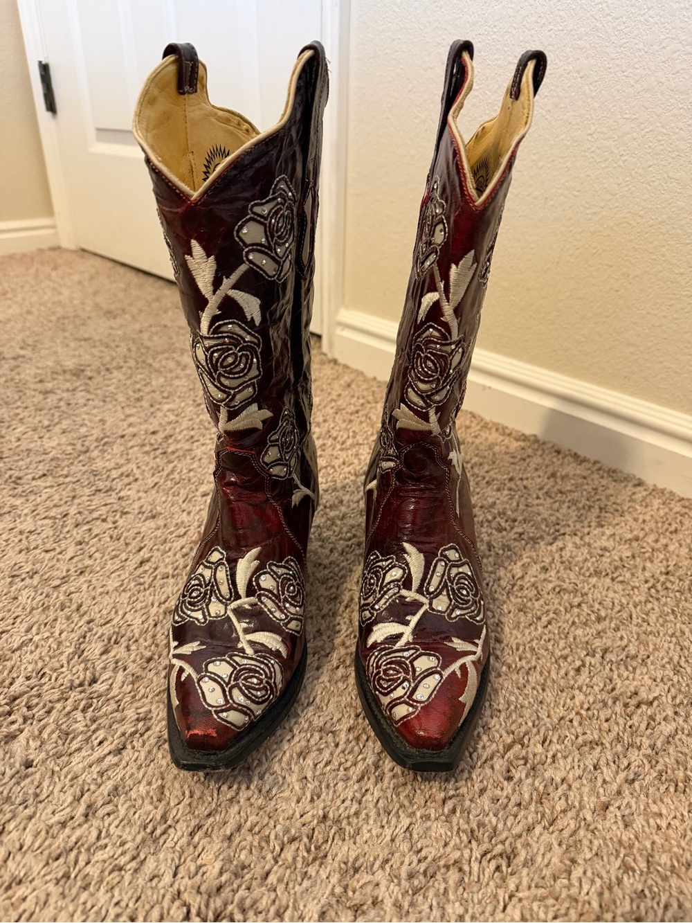 Embroidered Rose Genuine Leather Boots